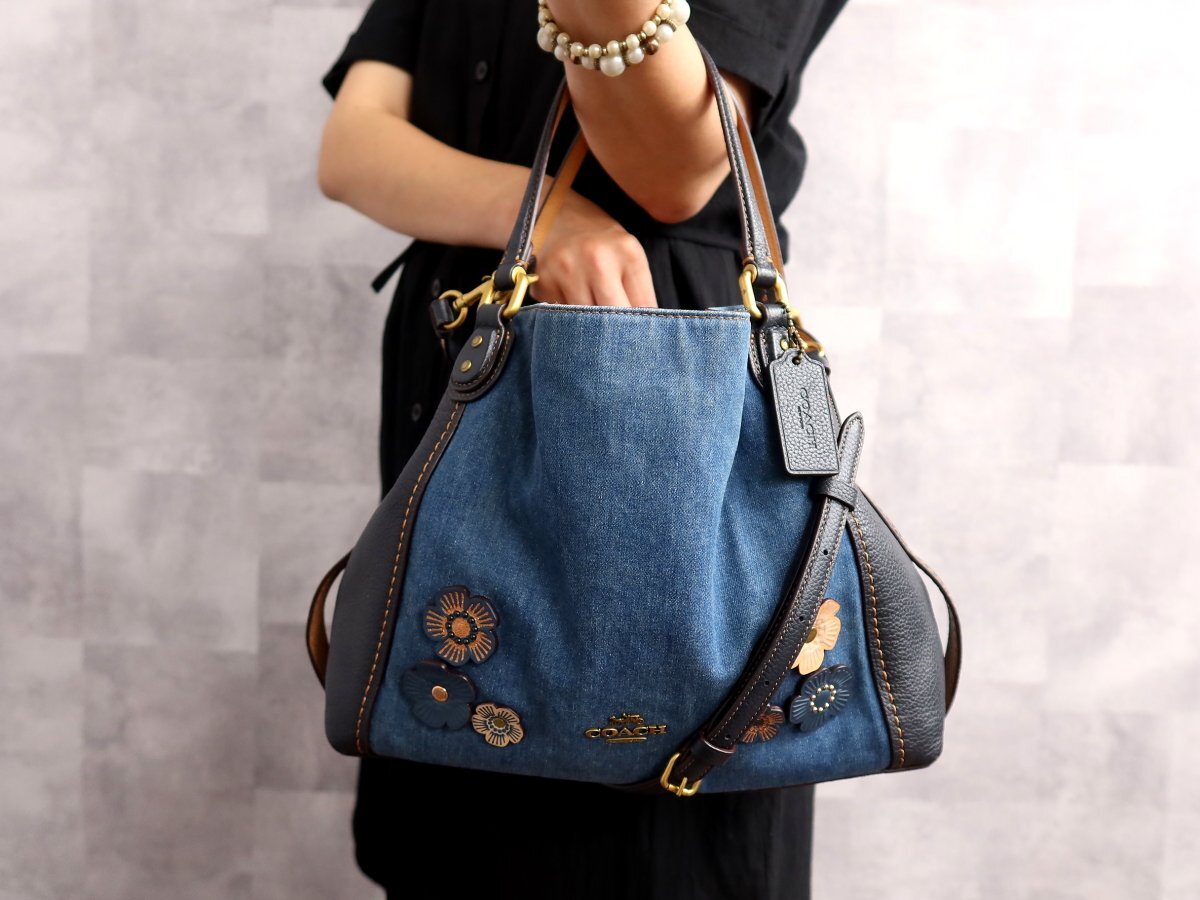 ●美品●COACH コーチ●イーディー●フラワーモチーフ●28896●デニム カーフ レザー 本革●2way トート バッグ●ブルー●B5 収納●Js68552拍卖