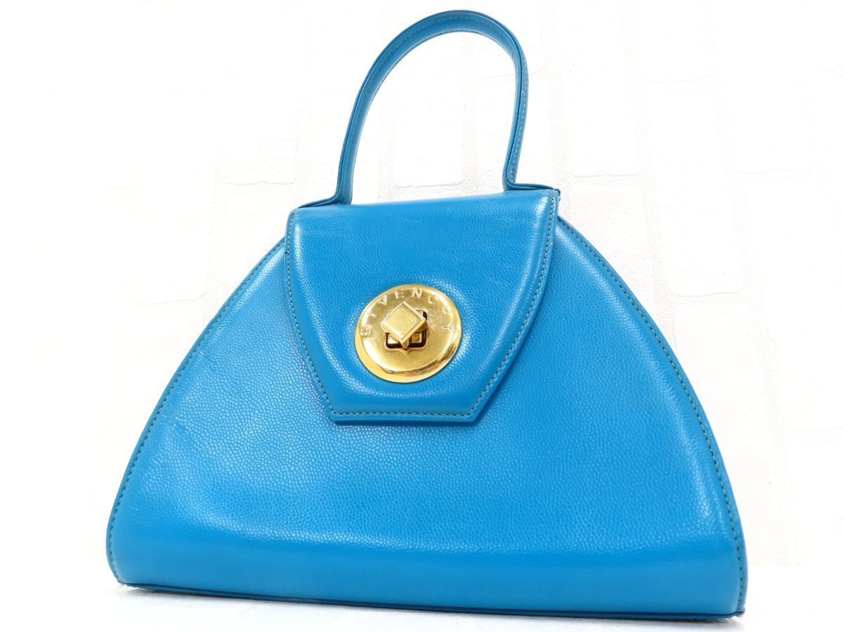 ◆美品◆GIVENCHY ジバンシィ◆カーフ レザー 本革◆ハンド バッグ◆ターコイズブルー G金具◆ターンロック◆トップハンドル◆A17635拍卖