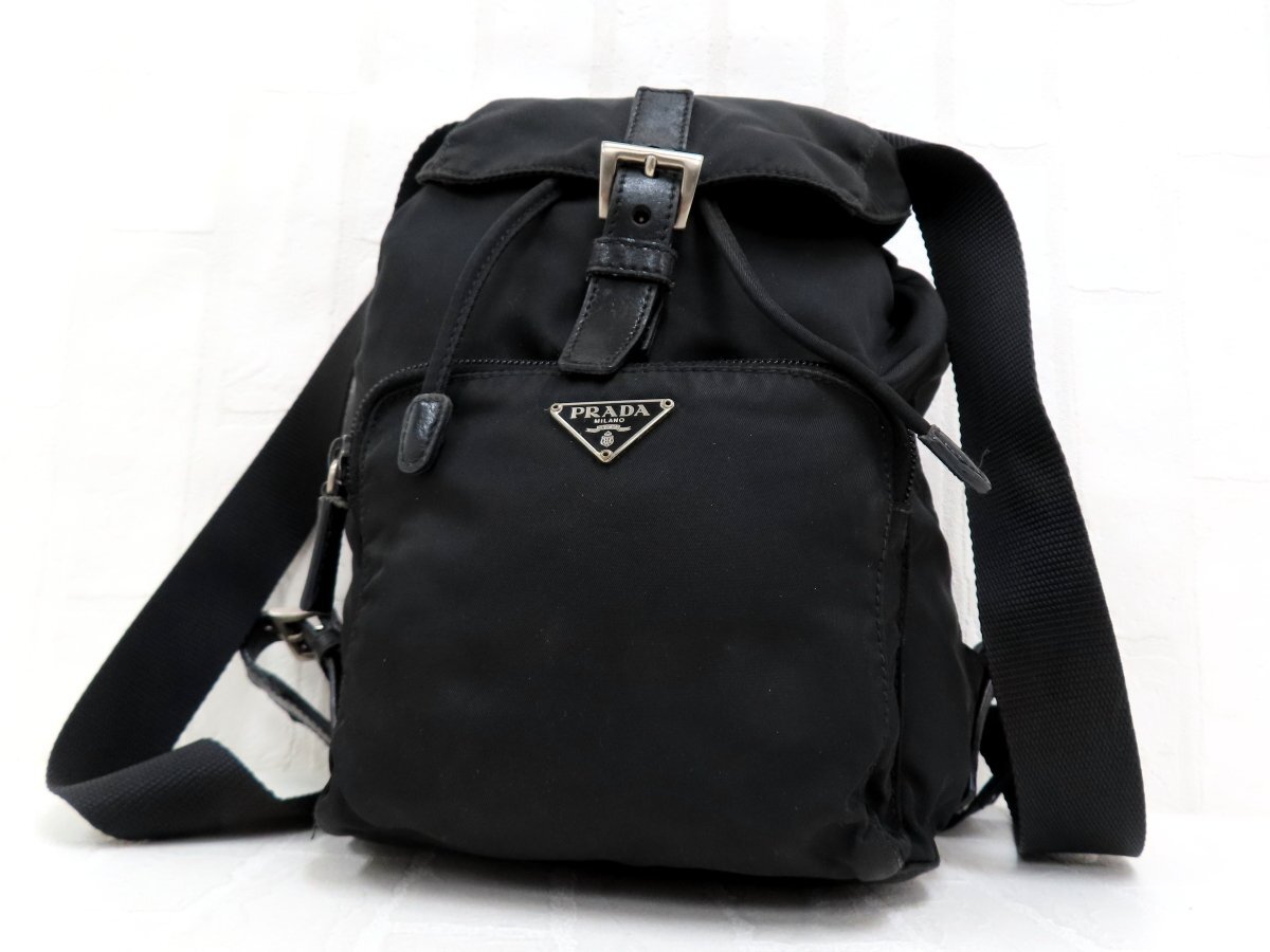 ◆美品◆PRADA プラダ◆ナイロン カーフ レザー◆リュック サック バックパック◆ブラック SV金具◆イタリア製◆三角ロゴプレート◆A17610拍卖