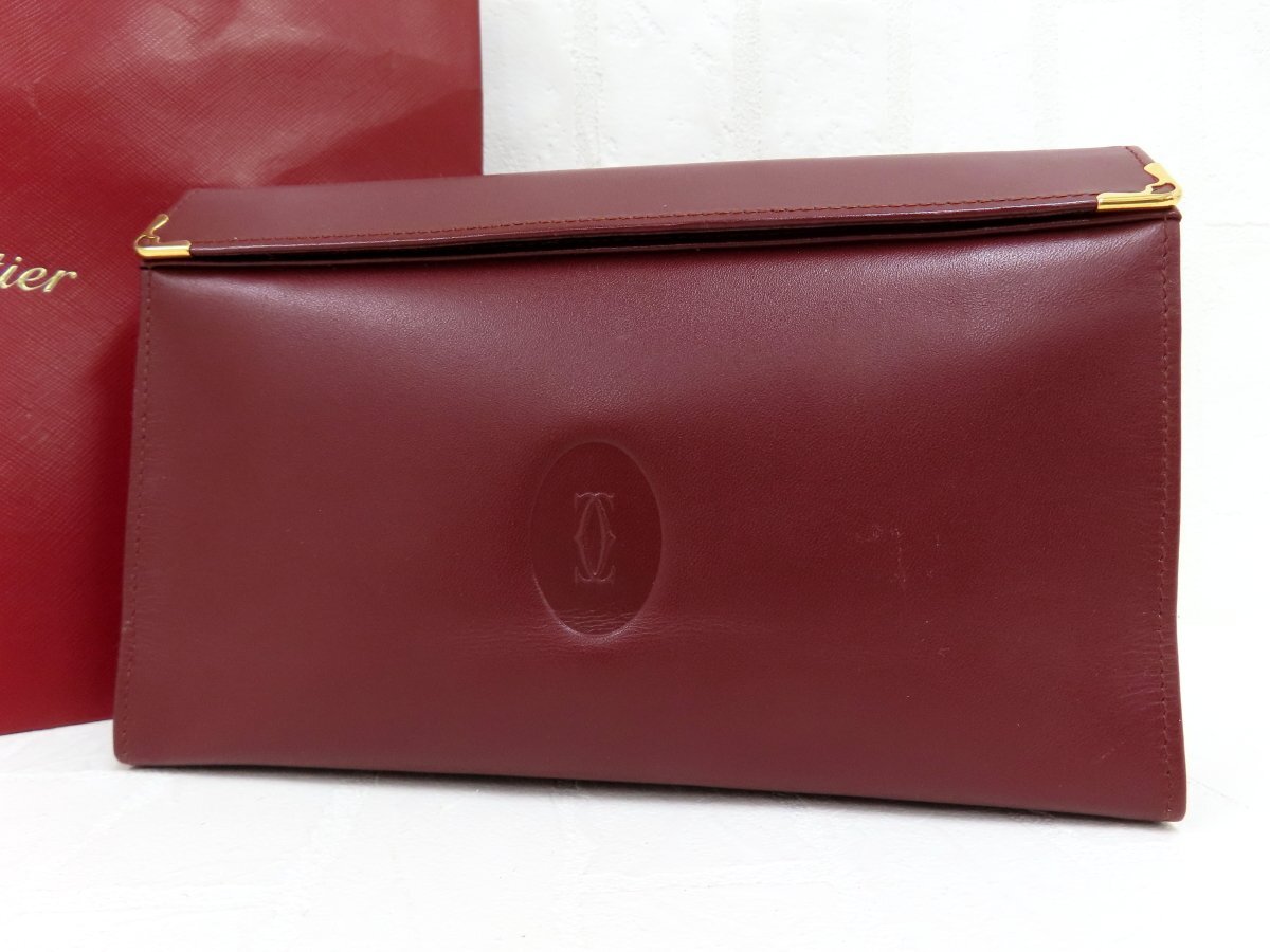 ◆超美品◆Cartier カルティエ◆マスト◆カーフ レザー 本革◆ポーチ クラッチ バッグ◆ボルドー ゴールド金具◆ロゴ型押し◆A17692拍卖