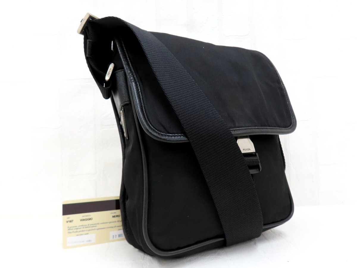 ◆美品◆PRADA プラダ◆ナイロン サフィアーノ レザー 本革◆ショルダー バッグ◆ブラック シルバー金具◆イタリア製◆フラップ◆A17707拍卖