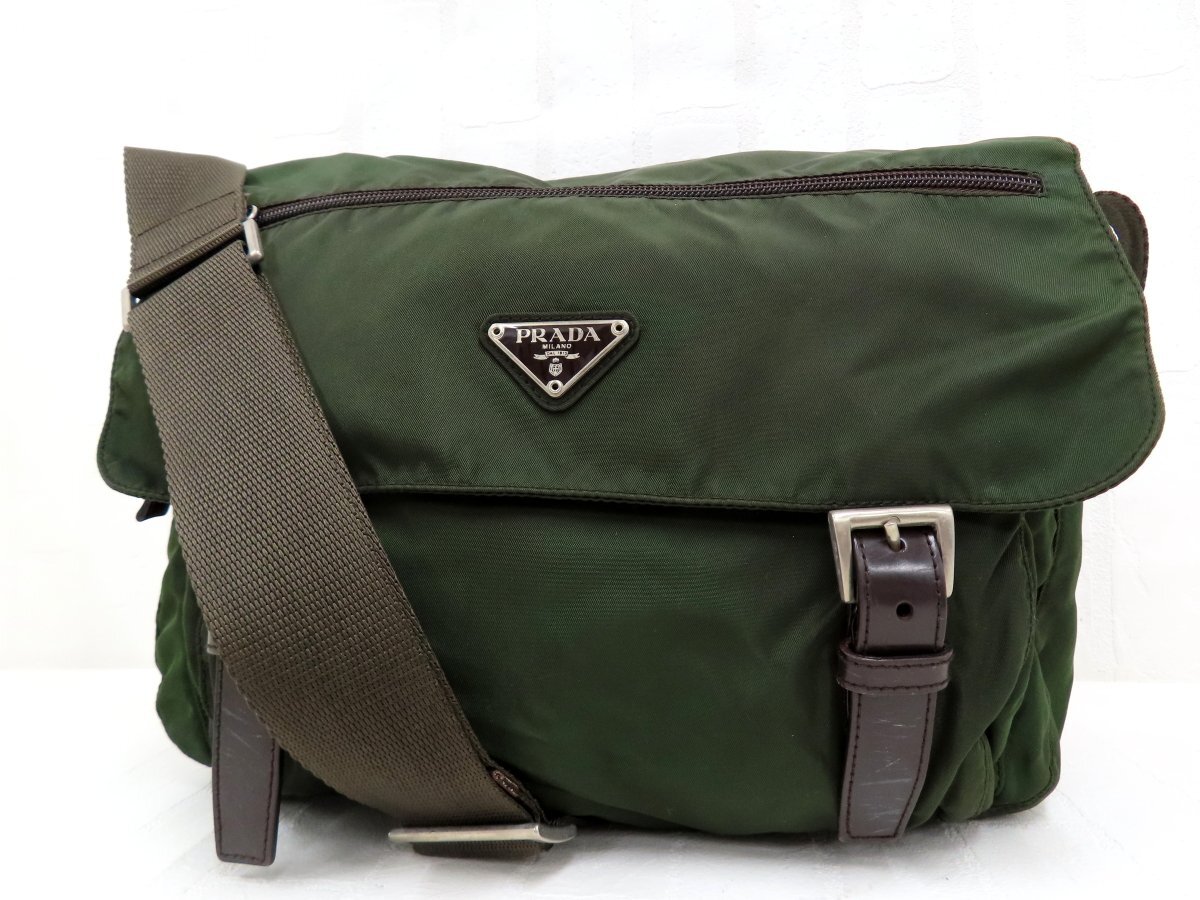 ◆美品◆PRADA プラダ◆ナイロン カーフ レザー 本革◆ショルダー バッグ メッセンジャー◆カーキ 茶 シルバー金具◆イタリア製◆A17696拍卖