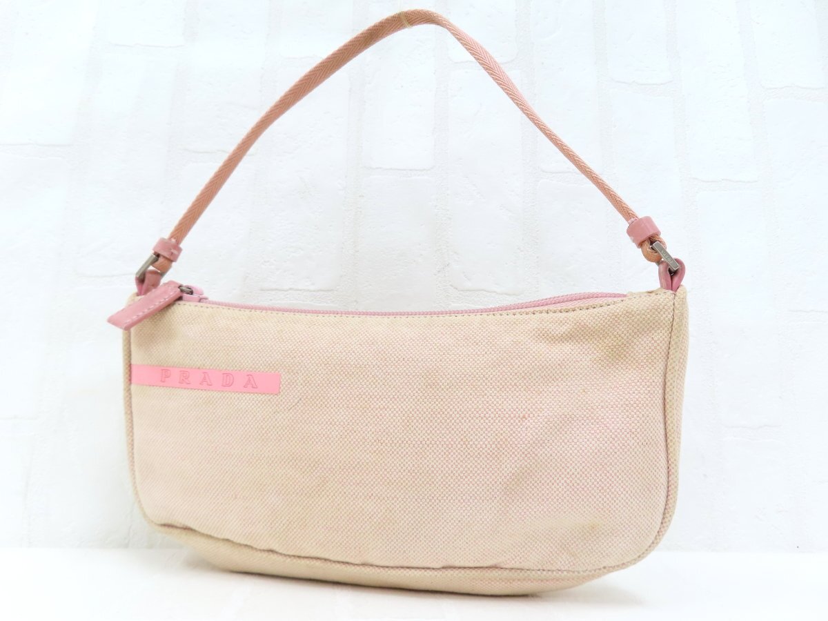 ◆美品◆PRADA プラダ◆キャンバス カーフ レザー 本革◆ミニ ハンド バッグ アクセサリーポーチ◆ピンク SV金具◆イタリア製◆A17674拍卖