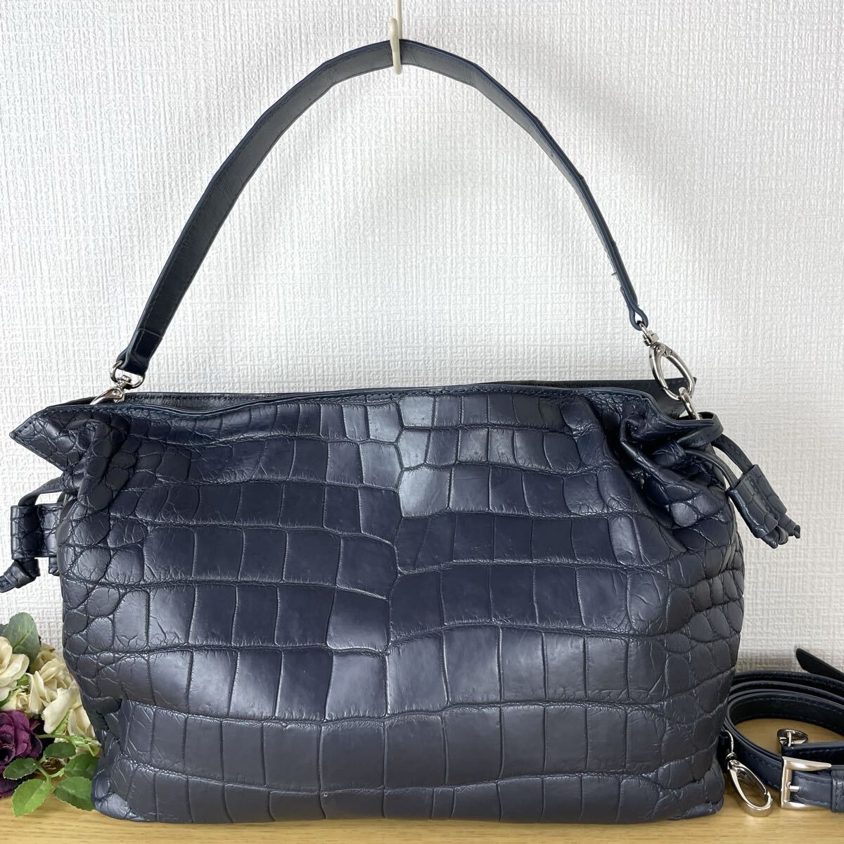 極美品 定30万 最高峰 本物 マット クロコダイル crocodile ニロティカス ソフト 仕立て センターセレクト 3way 高級 ショルダーバッグ 紺拍卖