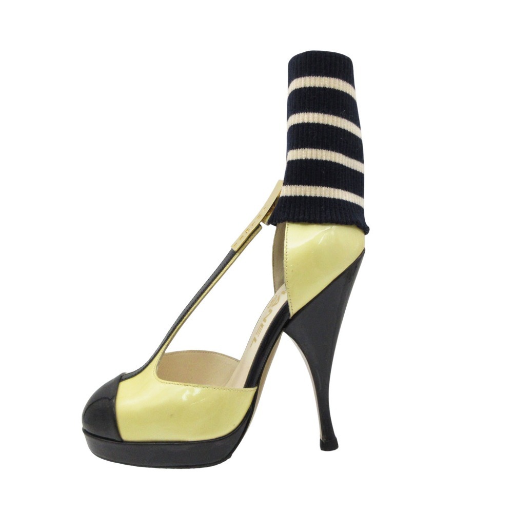 CHANEL シャネル パンプス パテントレザー バイカラー ロゴプレート ハイヒール ソックス拍卖