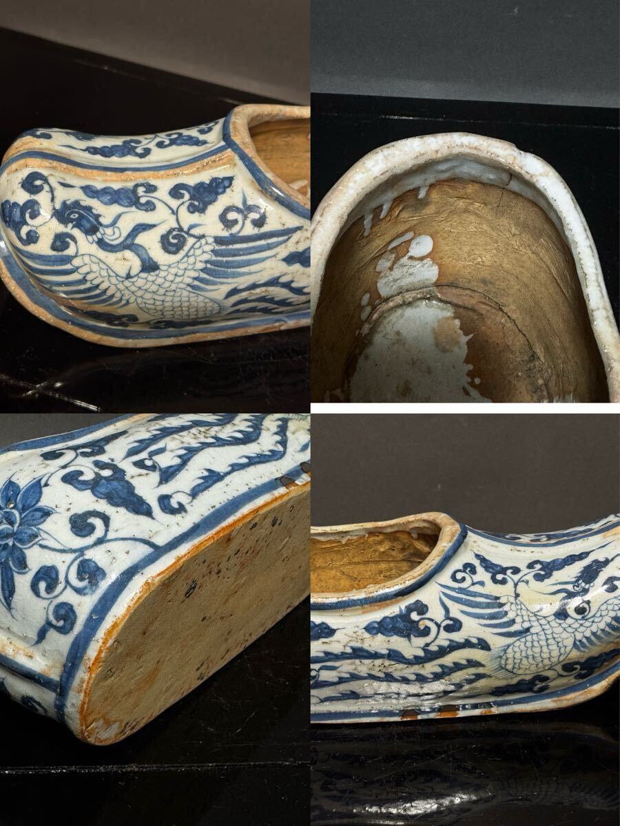 (616)中國古美術,元明時期染付 鳳凰文 下駄型 ,水丞.陶器 置物 飾り物 陶磁器 唐物 書道具,文房具。H10. C M D27 C M。拍卖