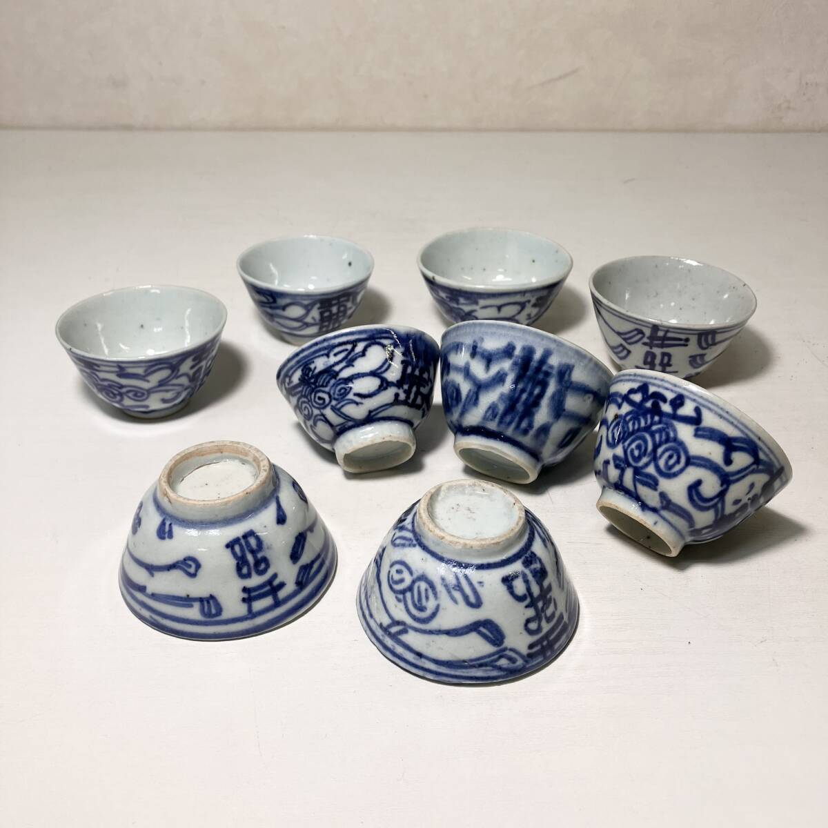 京都⑥ 整理うぶ品52 清朝期 古染付 煎茶碗 9客 唐物 中国美術 煎茶道具拍卖