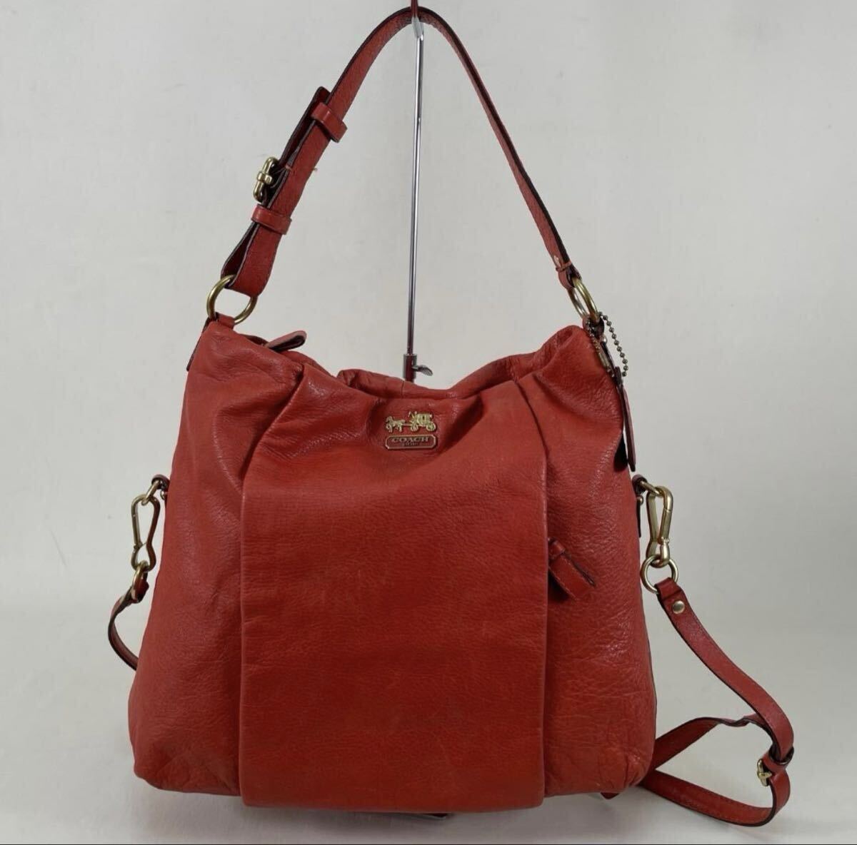 良品 COACH 21762 2WAY レザー ショルダーバッグ レッドオレンジ 本革 コーチ 本革 トートバッグ ハンドバッグ拍卖