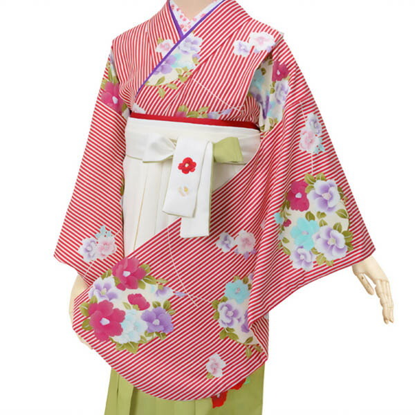 (中古品)ジュニア用 振袖単品 ショート丈 「クリーム色×赤 縦縞に椿の花の丸」仕立て上がり 小振袖 キッズ (メール便不可)拍卖
