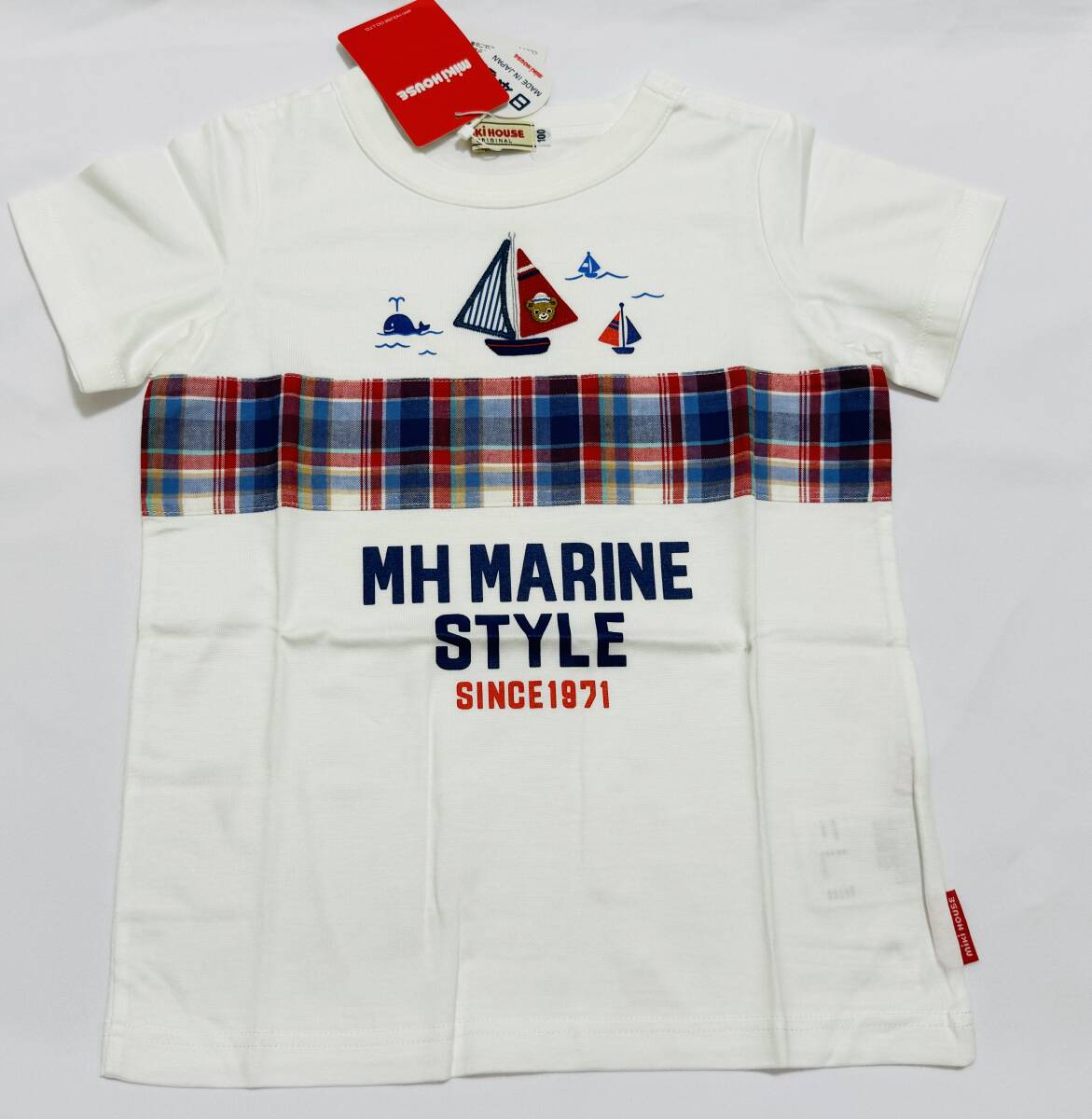送料込み 未使用 ミキハウス 半袖Tシャツ 100 チェック マリン 日本製 MIKIHOUSE 白色拍卖