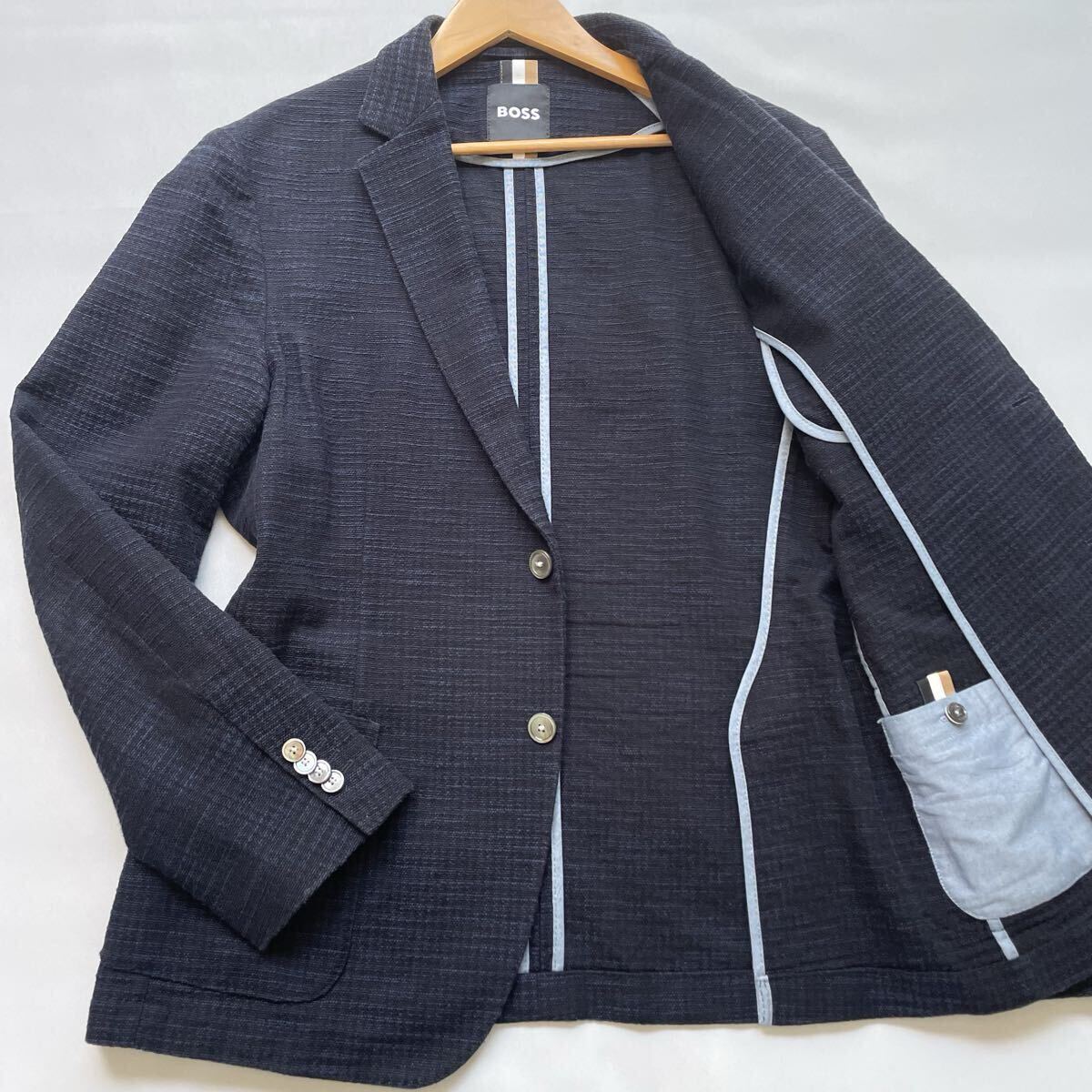 未使用級/XXL相当 ヒューゴボス HUGO BOSS 現行 凹凸 テーラードジャケット アンコン メンズ 52 ネイビー輝くシェルボタン サマーコットン拍卖