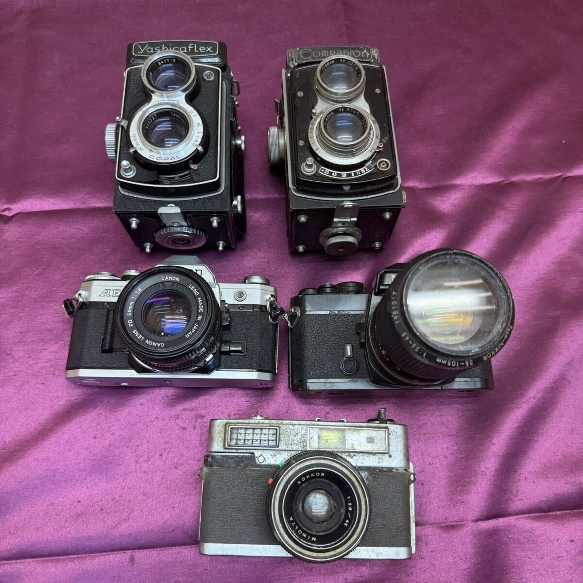 R81614 希少 レトロ カメラ フィルムカメラ ミノルタ キャノン ニコン 二眼レフカメラ ヤシカフレックス コンパニオン 一眼 AE-1 F2 ? FE ?拍卖