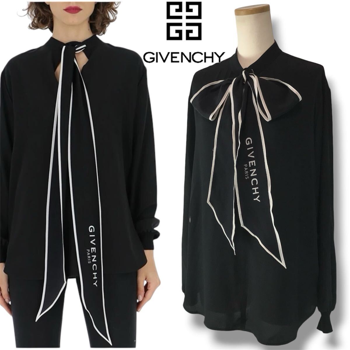 p72 良品 GIVENCHY ジバンシィ シルク ロゴスカーフ付き ブラウス 長袖シャツ トップス フォーマル BLACK 36 イタリア製 レディース 正規品拍卖