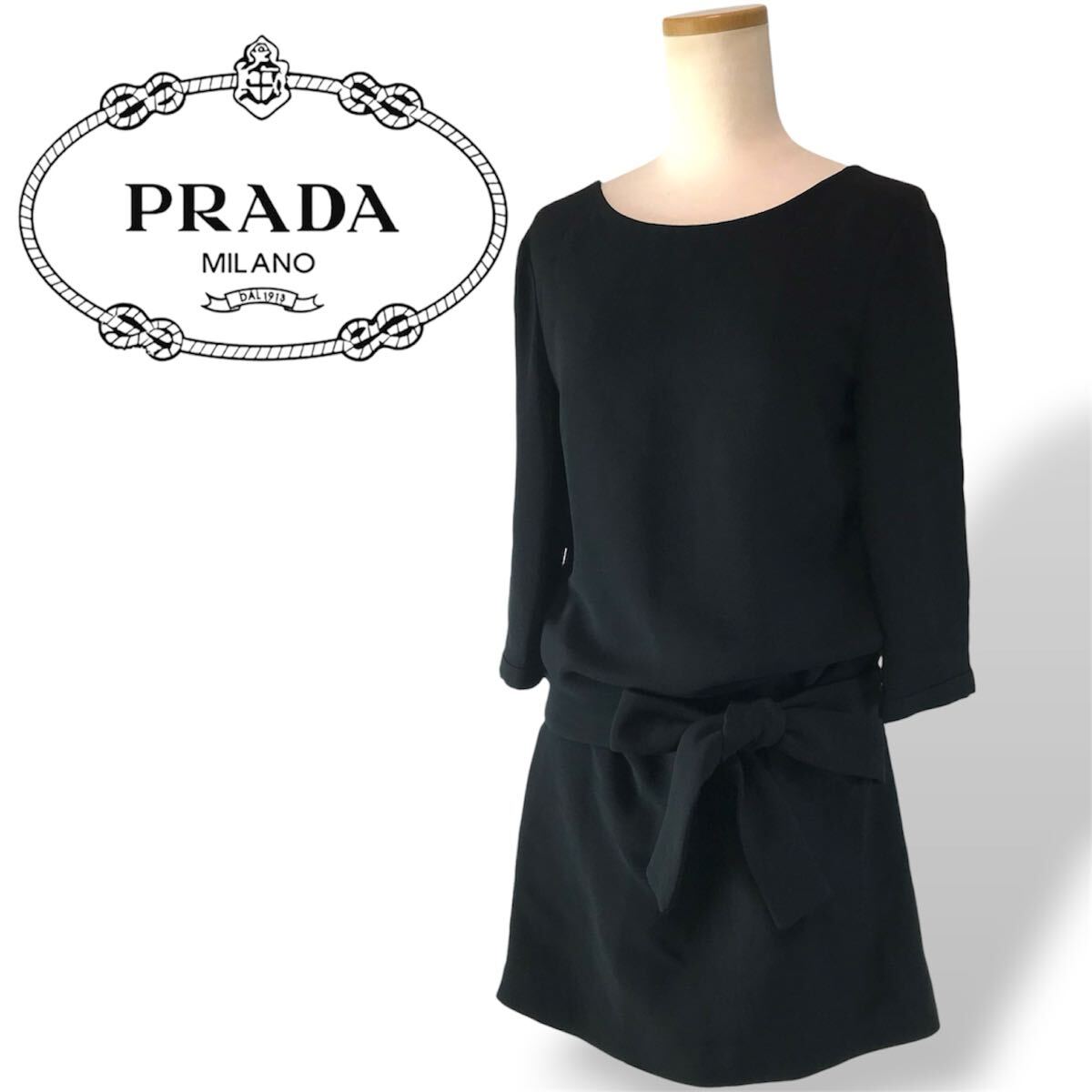 p98 Vintage レア PRADA 2009 プラダ フォーマル ワンピース BLACK ドレス 良品 レディース イタリア製 正規品拍卖