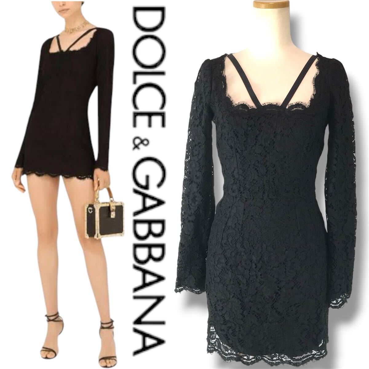 p100 良品 DOLCE&GABBANA ドルチェ&ガッバーナ レース ワンピース タイト BLACK ドレス フォーマル 38 イタリア製 レディース 正規品拍卖
