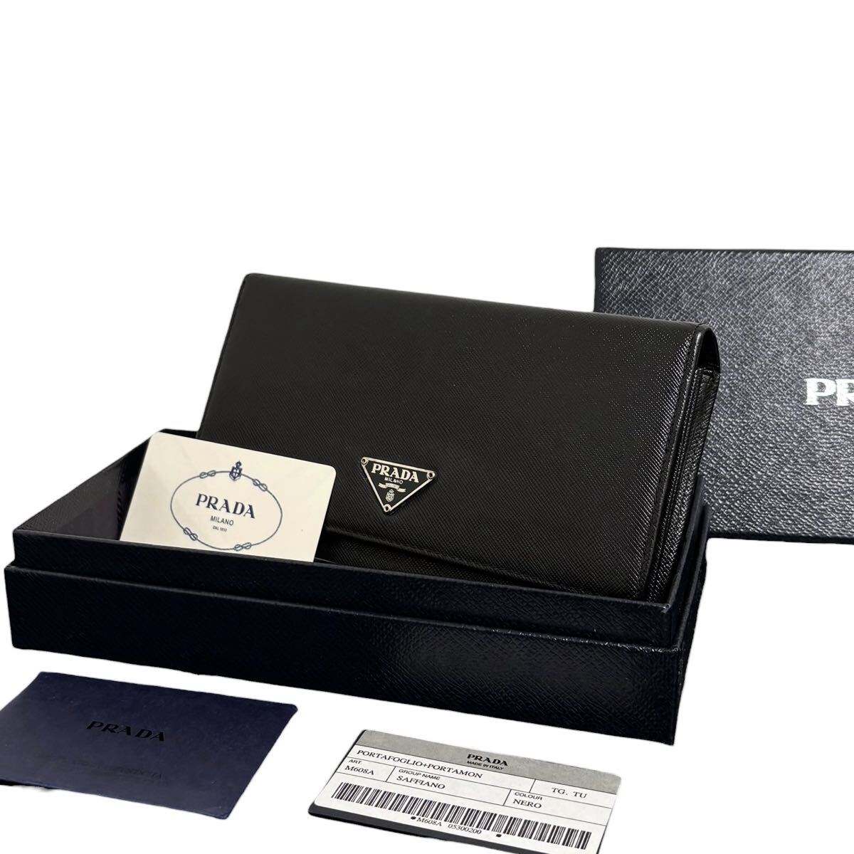 未使用級 PRADA プラダ ブラック 長財布 二つ折り 三角ロゴ サフィアーノ レザー ウォレット 小銭入れ拍卖