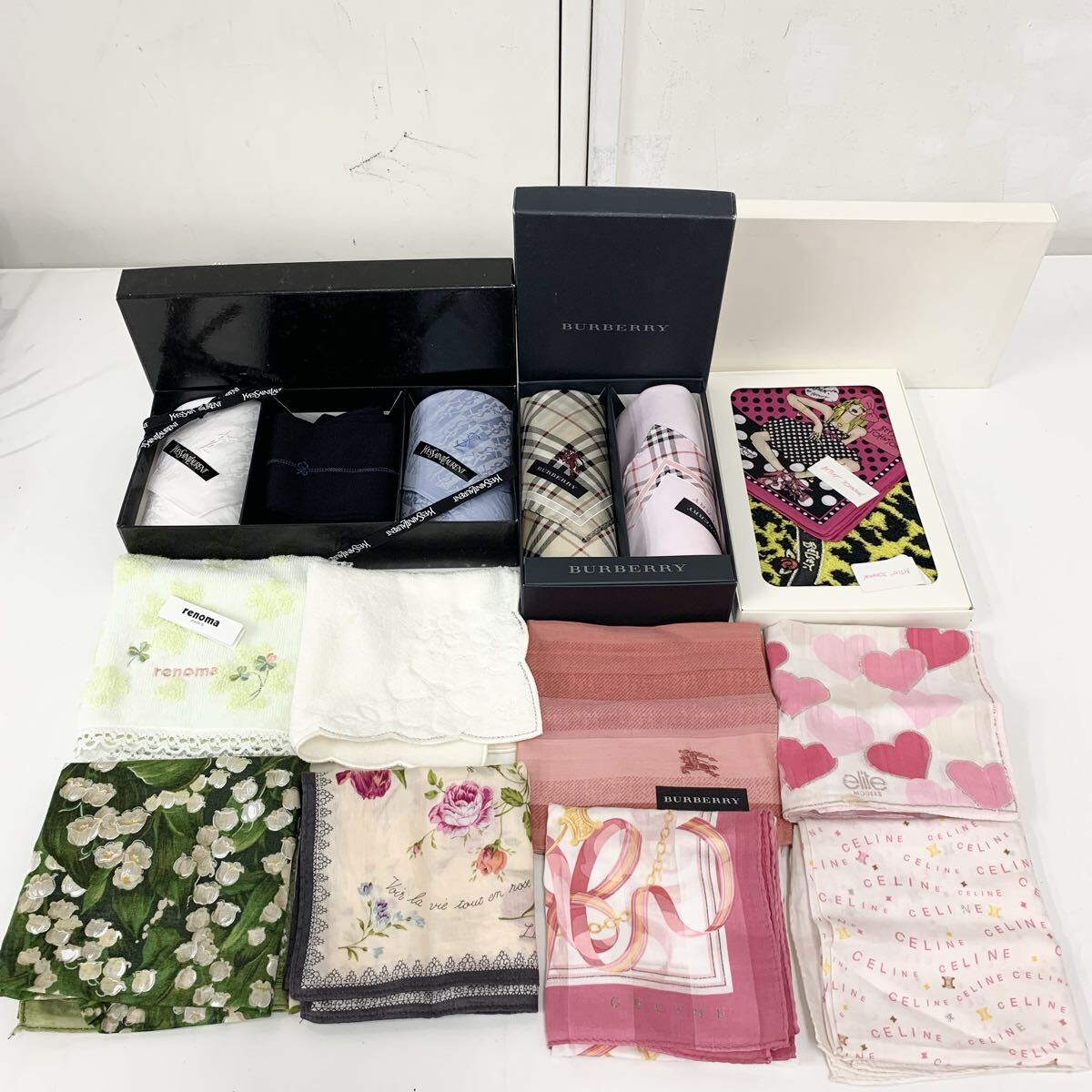未使用含む ブランド ハンカチ タオル ギフトセット まとめ売り BURBERRY YSL BETSEY JOHNSON renoma PRIVATE LABEL CELINE elite 他拍卖