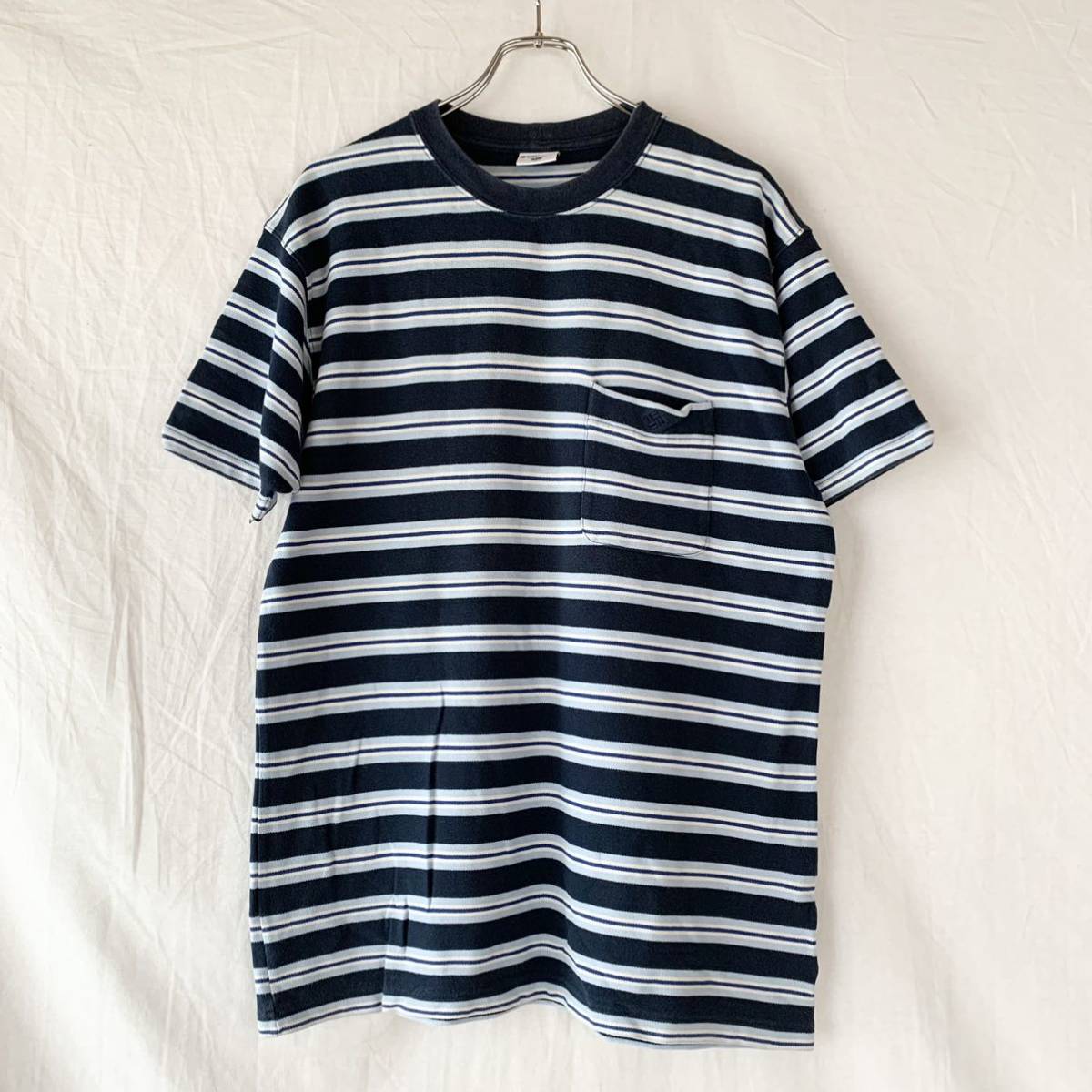 90s 2000s Columbia コロンビア 鹿の子 半袖 ボーダー Tシャツ ネイビー ポケT XL ヴィンテージ OLD拍卖