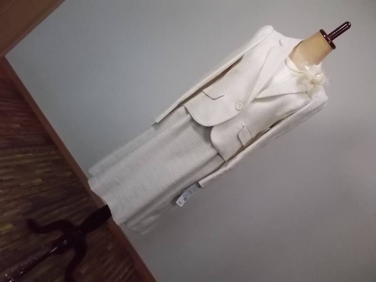 3-110新品フォーマルスーツ ツイードテーラードジャケット 半袖シフォン切替ワンピースひざ丈スカートベージュ系 13号 L卒業式入学式拍卖