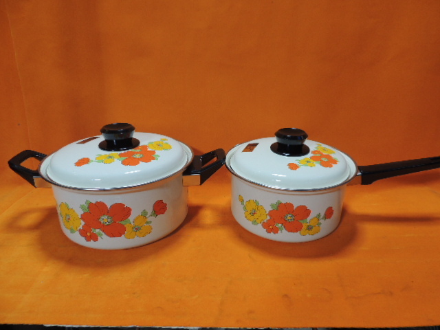 ■大阪 堺市 引き取り歓迎!■未使用・長期ストック品■琺瑯 ホーロー 鍋 2点セット 18cm&20cm 昭和 箱なし 花柄 送料1200円■拍卖