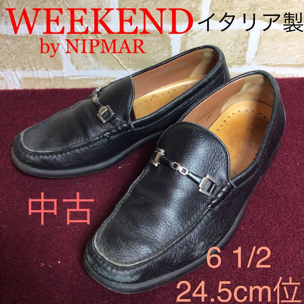 【売り切り!送料無料!】A-120 WEEKEND!ローファー!黒!6 1/2!24.5cm位!ビジネス!シルバー装飾!天然革!レザーシューズ!イタリア製!中古!拍卖