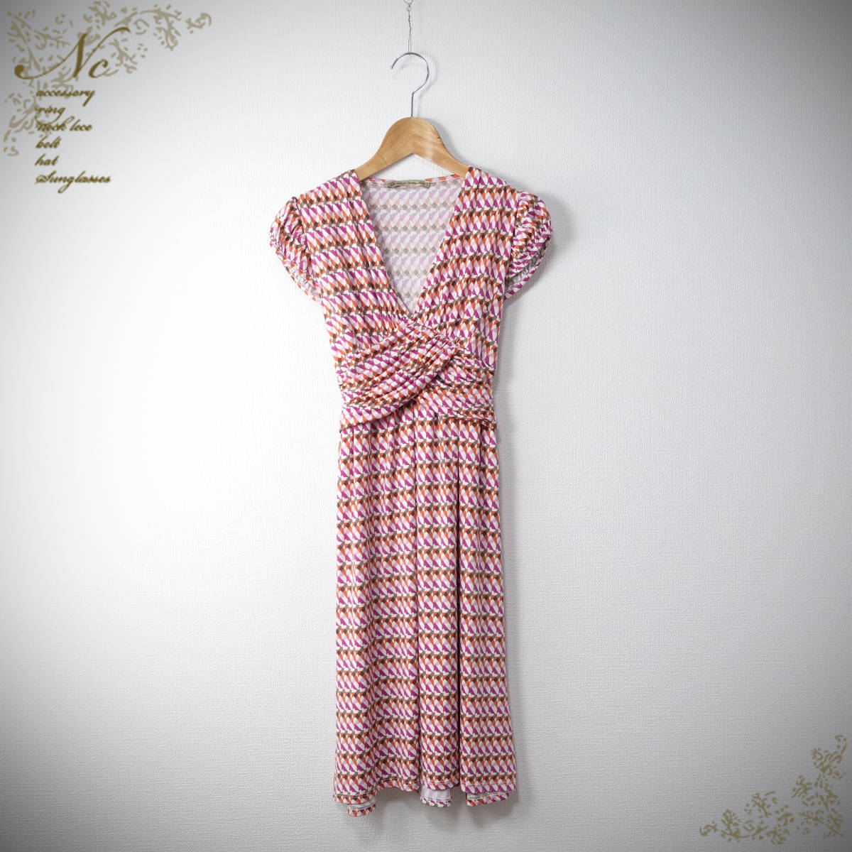 MAILLE DEMOISELLE/マドモアゼル/フランス製/腰ひも付き/総柄ワンピース/ピンク×オレンジ×パープル拍卖