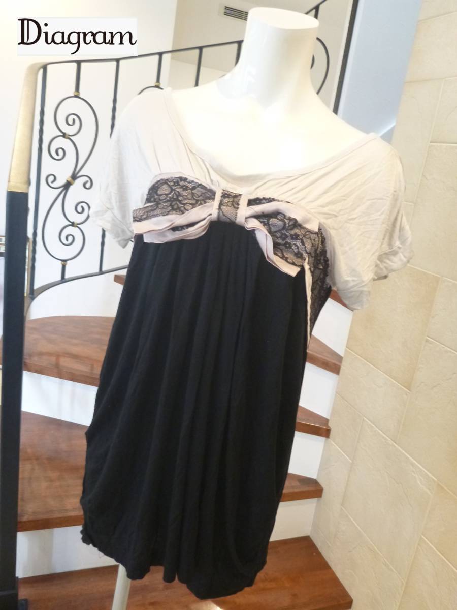 Diagram ダイアグラム ★ グレースコンチネンタル 黒×ベージュ リボン チュニック カットソー 36 M相当拍卖