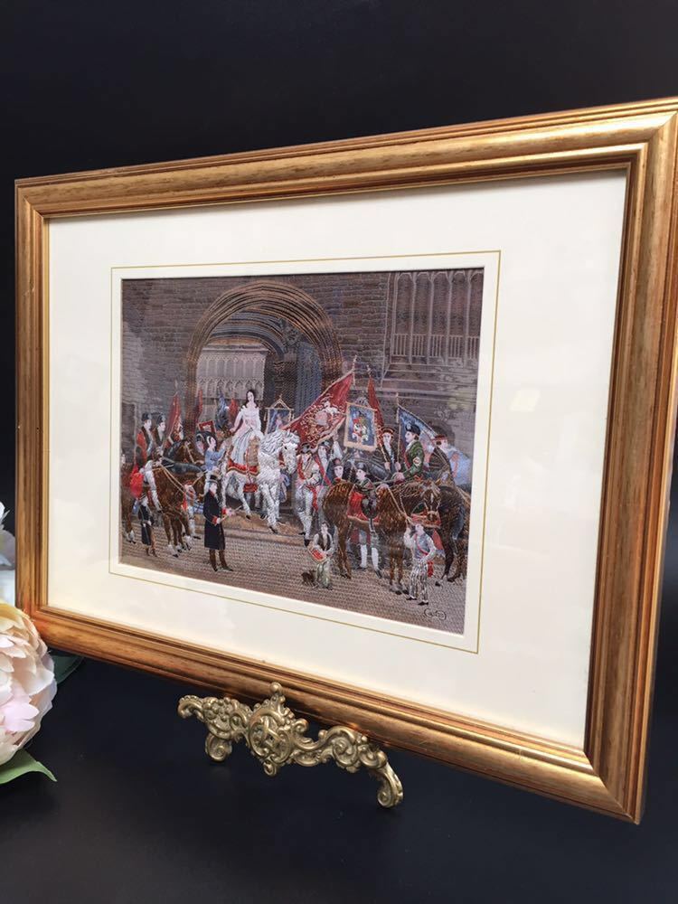 英国ヴィンテージ ◆ CASH’S社 「レディ ゴディバ (ゴダイヴァ夫人)の行進」フレーム入り シルク織 タペストリー拍卖