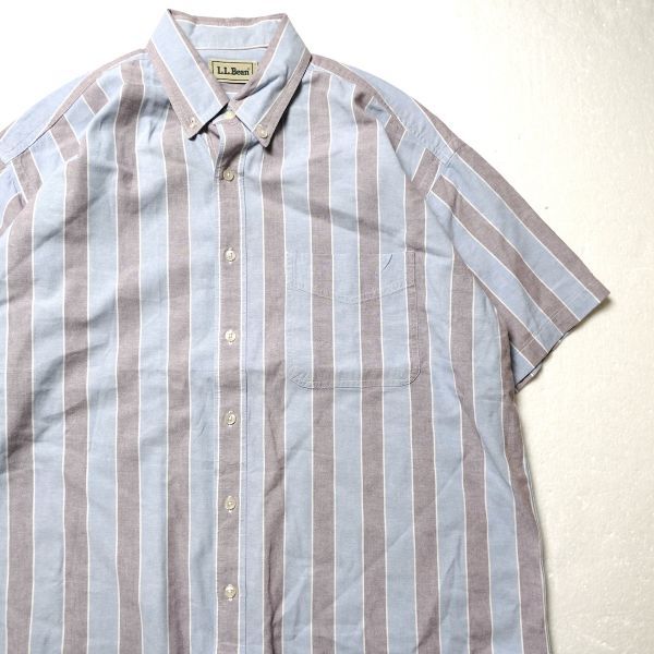 90's カナダ製 LLBean LLビーン ストライプ シャンブレー ボタンダウン シャツ 半袖 (L) コットン 旧タグ 90年代 オールド拍卖
