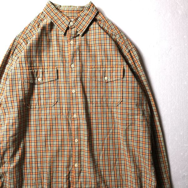 90's Jクルー J.CREW チェック コットン シャツ オレンジ×緑系 (L) 90年代 旧タグ オールド拍卖