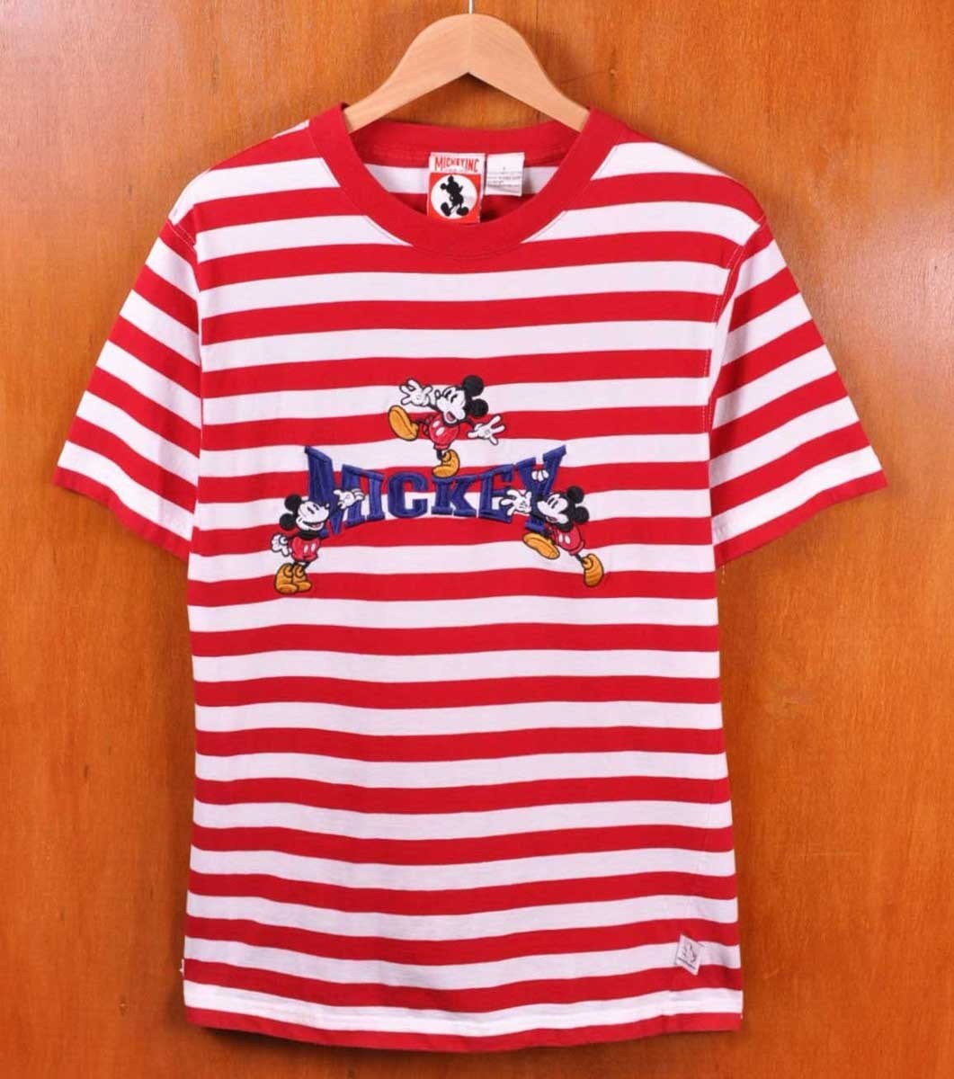 ヴィンテージ 1990年代 DISNEY ディズニー ミッキーマウス 半袖Tシャツ レッド×ホワイト× ボーダー柄 刺繍入り レディースL(17460拍卖