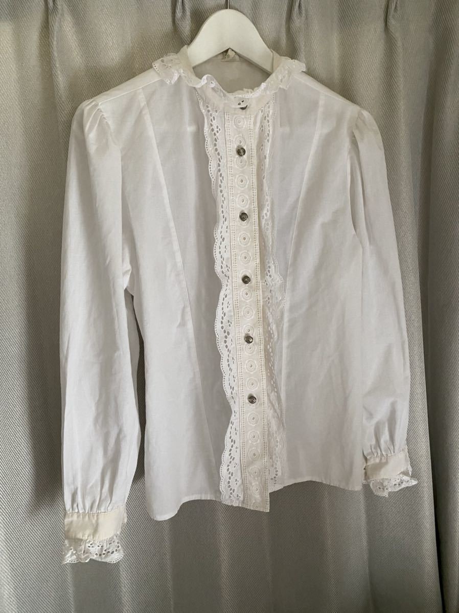 ★60s ヴィンテージ ベルギー コットン ブラウス レース ホワイト レア メタルボタン拍卖