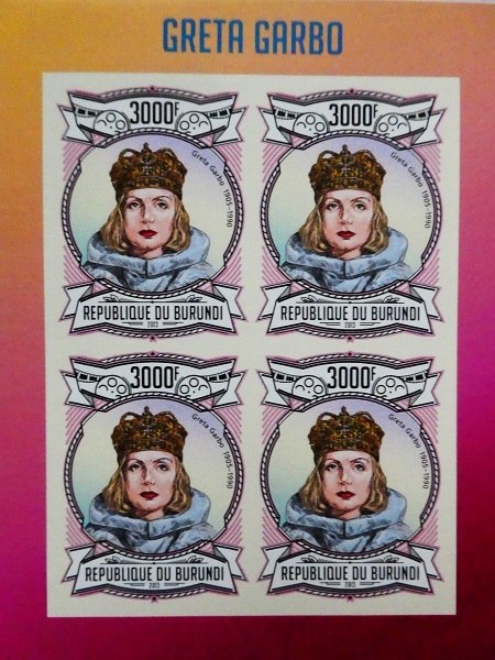 ブルンジ切手『グレタ・ガルボ』無目打 4枚シート 2013 A拍卖