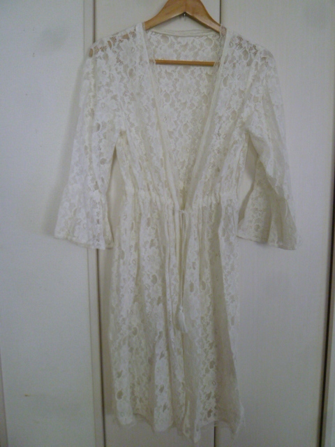 PinkyGirls/ピンキーガールズ△白花柄総レースロングカーディガンM/ホワイトロングガウンベル袖△T615拍卖