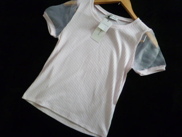【新品】BROWNY/ブラウニー△ライトピンクチュール袖シースルーシアー袖縦リブカットソーF/半袖トップス△T615拍卖