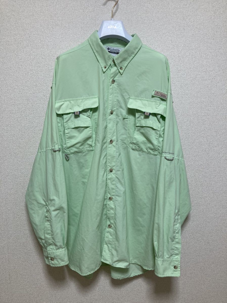 90's Columbia PFG コロンビア OMNI-SHADE フィッシングシャツ 長袖シャツ マルチポケット ボタンダウンシャツ XL 黄緑 /Vintage拍卖