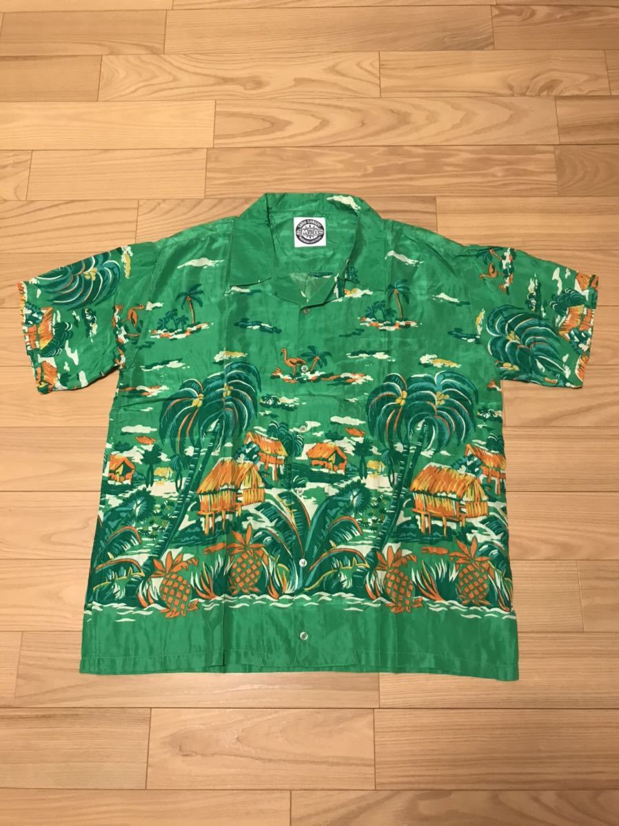当時物☆90s 猿岩石・有吉弘行/SARUGANSEKI M&A F.メンズL-XL並 半袖シルクアロハシャツ パイナップル.フラミンゴ 緑色 電波少年 90年代拍卖
