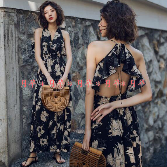 背中開き ワンピース L ロング Z180621-0476 花柄 ホルターネック 新品 即納 マキシワンピース マキシ丈 レディース拍卖