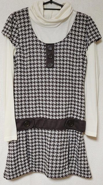 Lサイズ チュニック アンサンブル 千鳥格子柄 ハイネックプルオーバー(長袖)白 ☆未使用☆拍卖