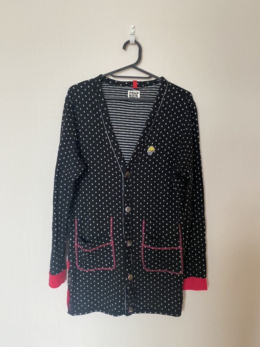 美品◆フラボア FRAPBOIS Half きのこワッペンカーディガン◆接結素材◆ドット水玉◆黒拍卖