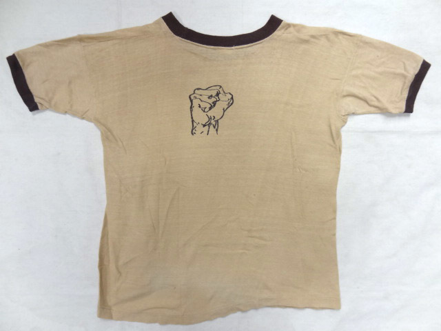 ビンテージ 希少 60S 70S 茶 ブラウン 霜降り トリム リンガー Tシャツ 両面 プリント 雰囲気 2トーン 文字 イラスト レア パキ綿 色 珍品拍卖