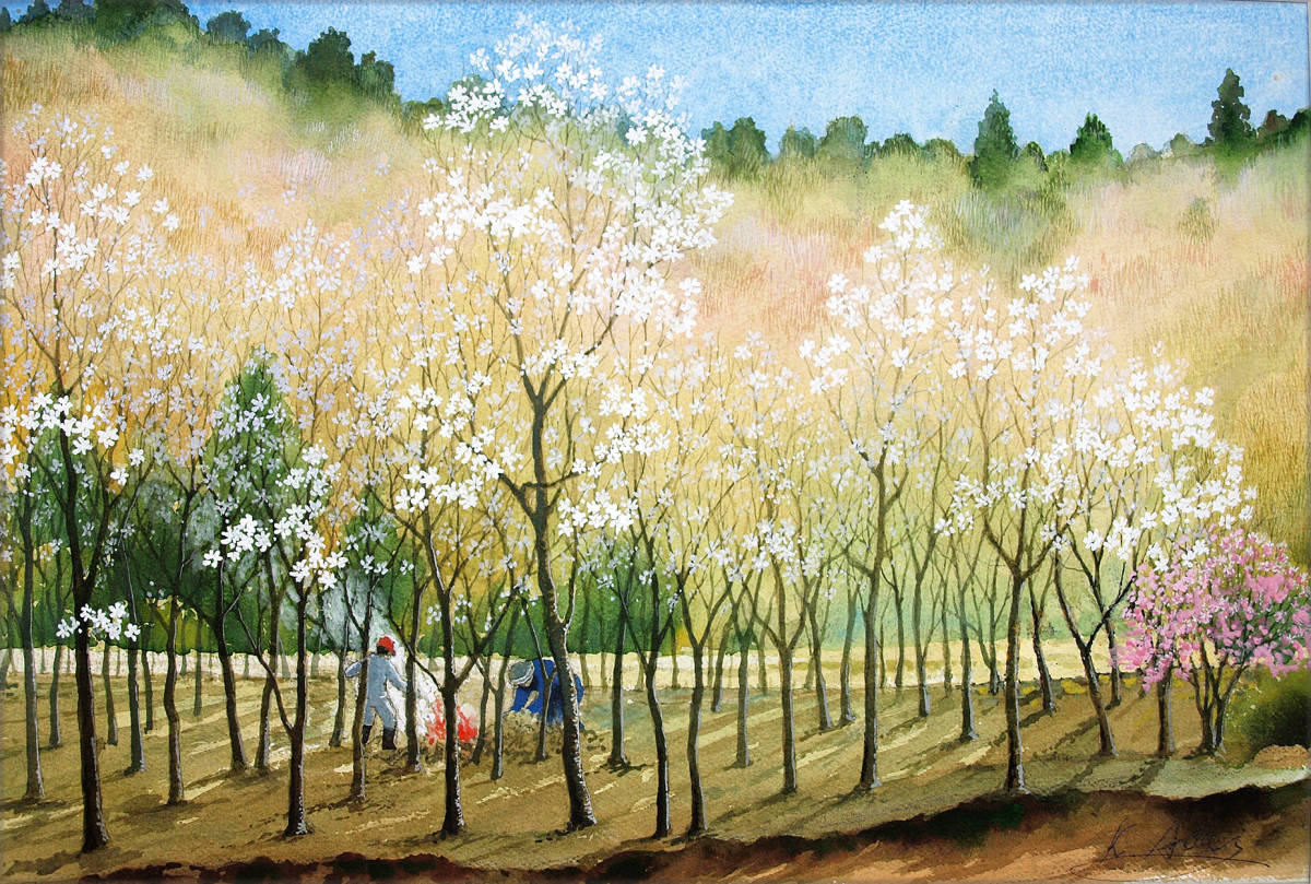 【絵画】「早春~ コブシの花咲くころ」 水彩画 真作拍卖