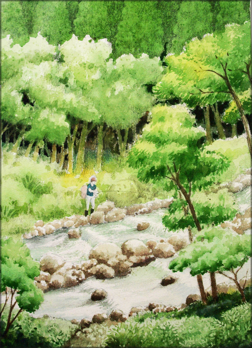 【絵画】「渓流の釣り」 水彩画拍卖