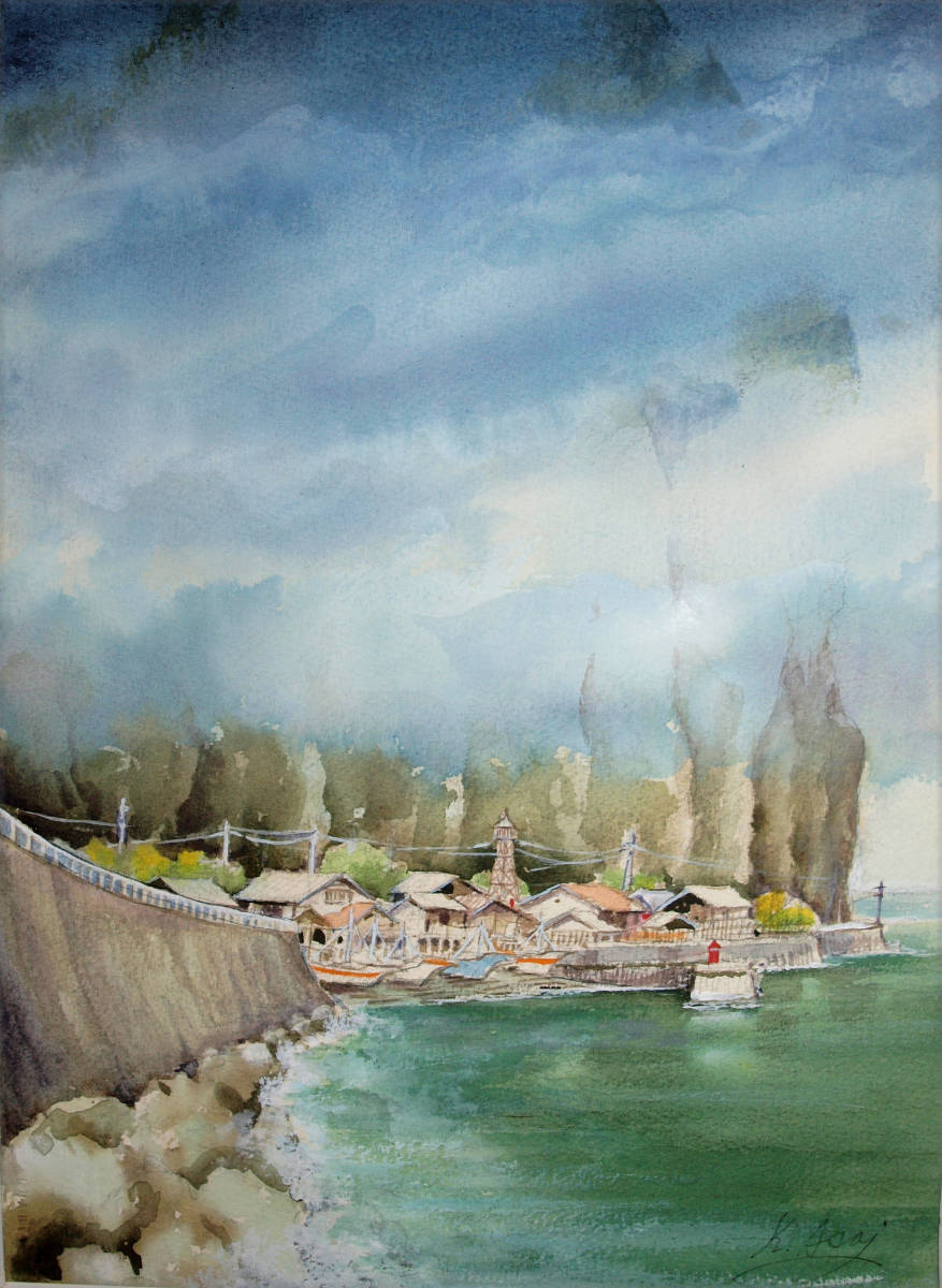 水彩画「海霧降る竜飛岬への道」 原画 真作拍卖
