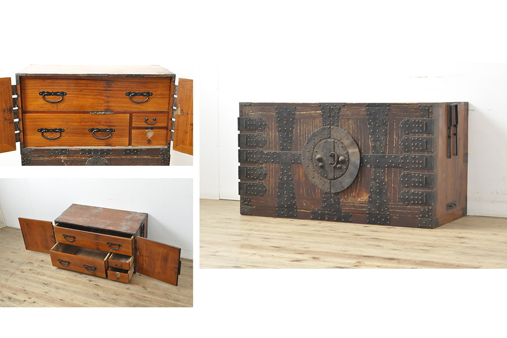 R-057921 和製アンティーク 総桐 変わり金具 歴史を感じる観音開き時代箪笥・上段(和タンス、収納箪笥、引き出し、重ね箪笥)拍卖