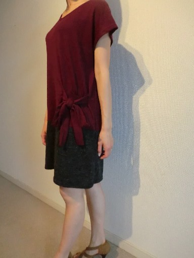 【KCM】yng-33-L★新品未使用★【Ailes 】フレンチスリーブ 半袖 チュニック サイド紐付き L ワインレッド レディース拍卖