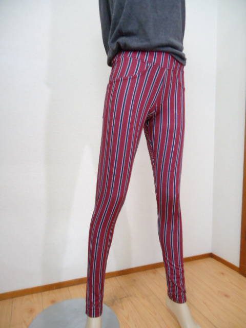 【KCM】yng-2-M★新品未使用★【KOBE LETTUCE/神戸レタス】レギンスパンツ 美脚ストレッチ ウエストゴム仕様 M レッド ストライプ拍卖