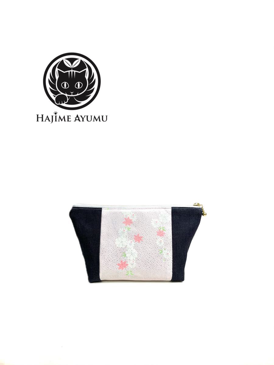 【現品1点限り】HAJIME AYUMU 花柄着物生地&高級児島デニム デザインポーチ ピンク ネイビー ハンドメイド 小物入れ 和柄 雑貨拍卖