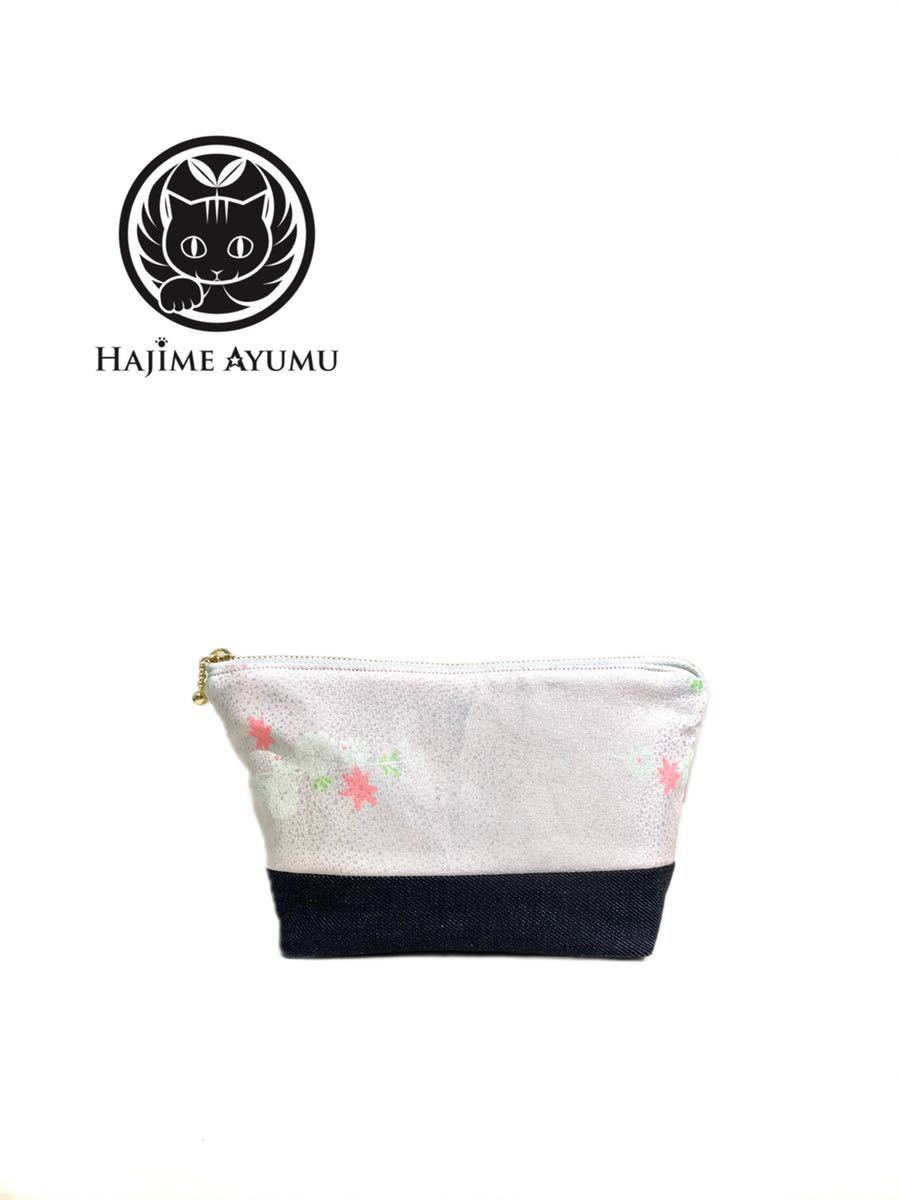 【現品1点限り】HAJIME AYUMU 花柄着物生地&高級児島デニム デザインポーチ2 ピンク ネイビー ハンドメイド 小物入れ 和柄 雑貨拍卖