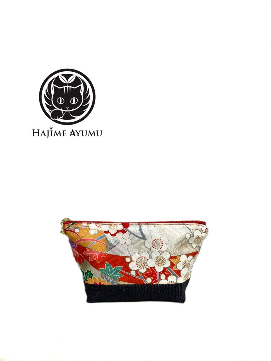 【現品1点限り】HAJIME AYUMU 高級和柄着物&児島デニム リメイクデザインポーチ 赤×ネイビー ハンドメイド 小物入れ 化粧ポーチ 雑貨拍卖
